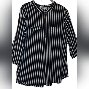 BEPEI Womens Blouse Size XXL Black White Stripe Zipper Faux Pocket Flaps Casual